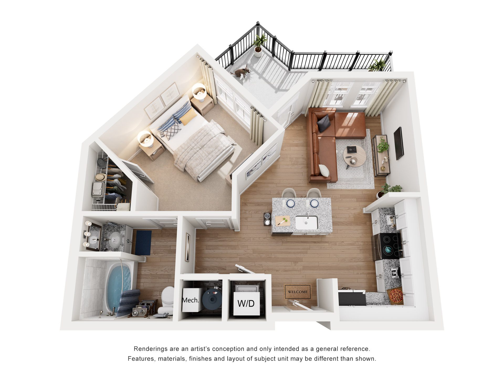 Floor plan for 1 bed, 1 bath, 611 sqft